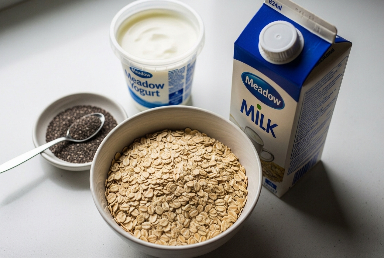 rolled oats, milk, chia seeds, and yogurt - overnight oats recipe
