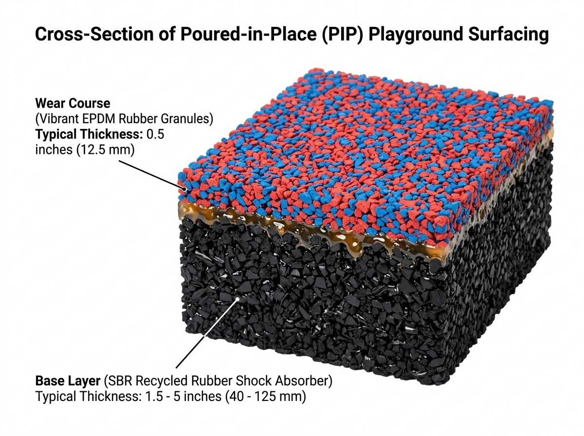 Cross-section of PIP surfacing showing SBR base and EPDM top layer - poured in place surfacing Cross-section of PIP surfacing showing SBR base and EPDM top layer - poured in place surfacing