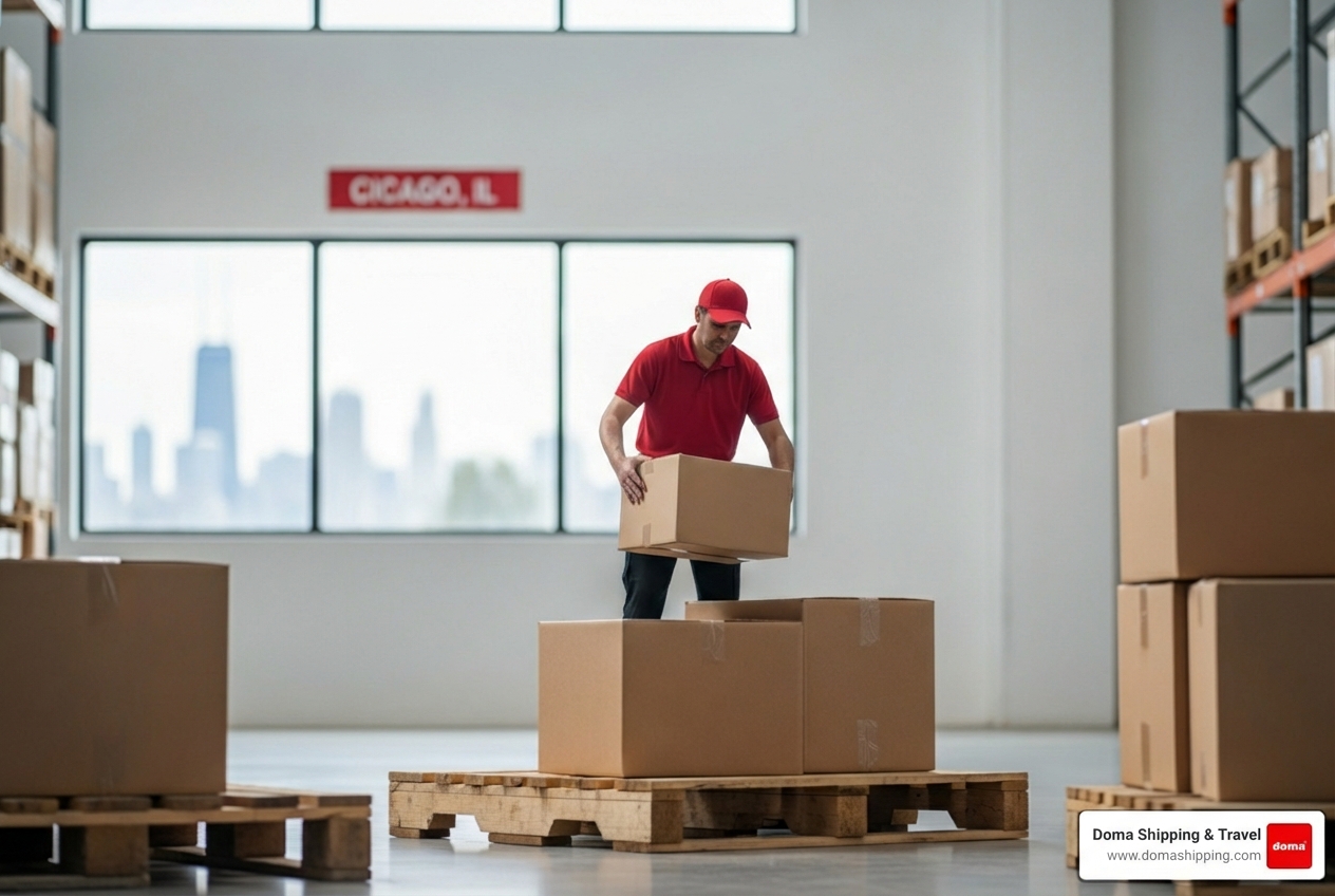 A Doma Shipping worker in a red uniform loading boxes onto a pallet inside a modern, clean logistics warehouse in the Chicago area, preparing for international shipment - Shipping from Illinois A Doma Shipping worker in a red uniform loading boxes onto a pallet inside a modern, clean logistics warehouse in the Chicago area, preparing for international shipment - Shipping from Illinois