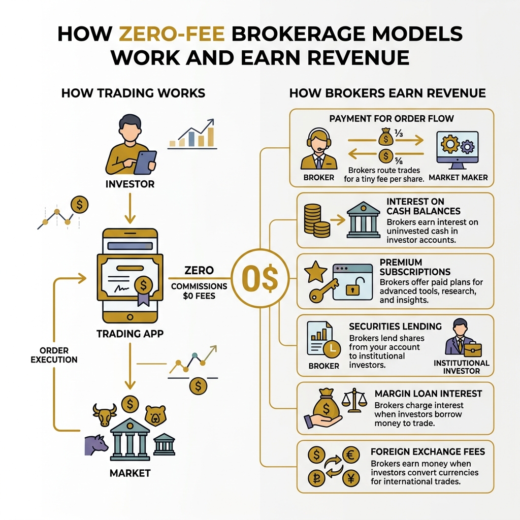 Infographic showing how zero-fee brokerage models work and how brokers earn revenue - commission free stock trading