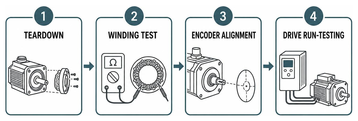 Servo motor repair process: teardown, winding test, encoder alignment, drive run-testing