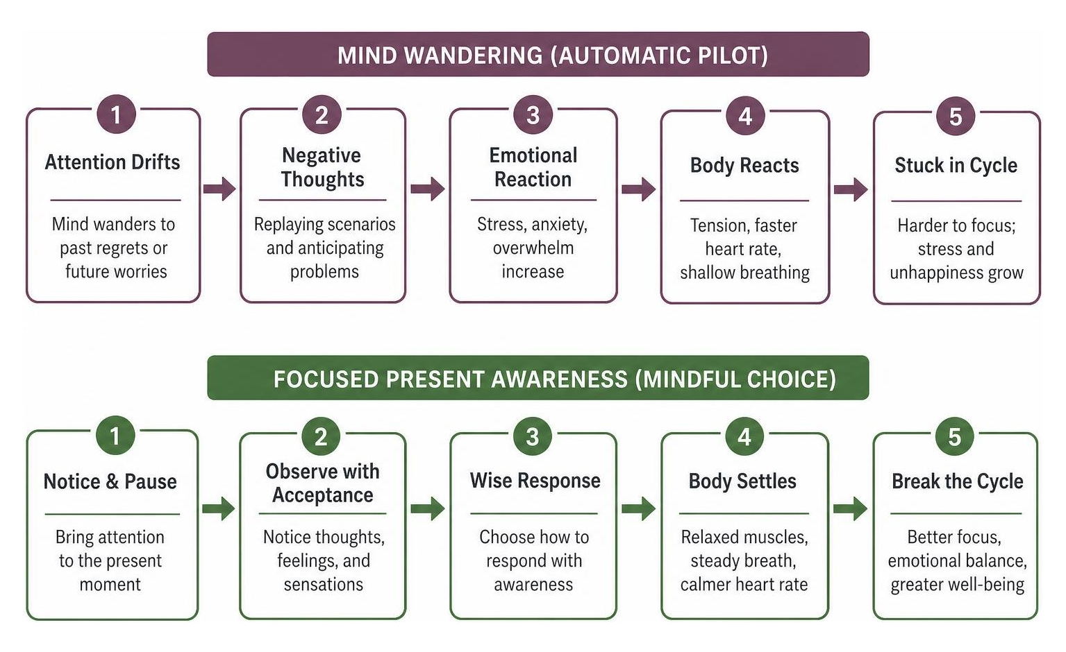 Comparison of mind wandering automatic pilot versus focused present awareness