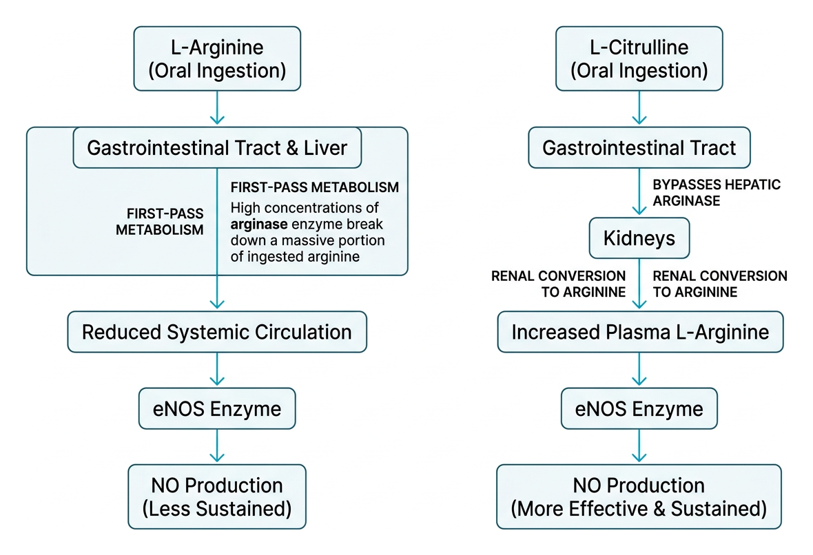 Comparison diagram showing the metabolic conversion of L-citrulline versus L-arginine