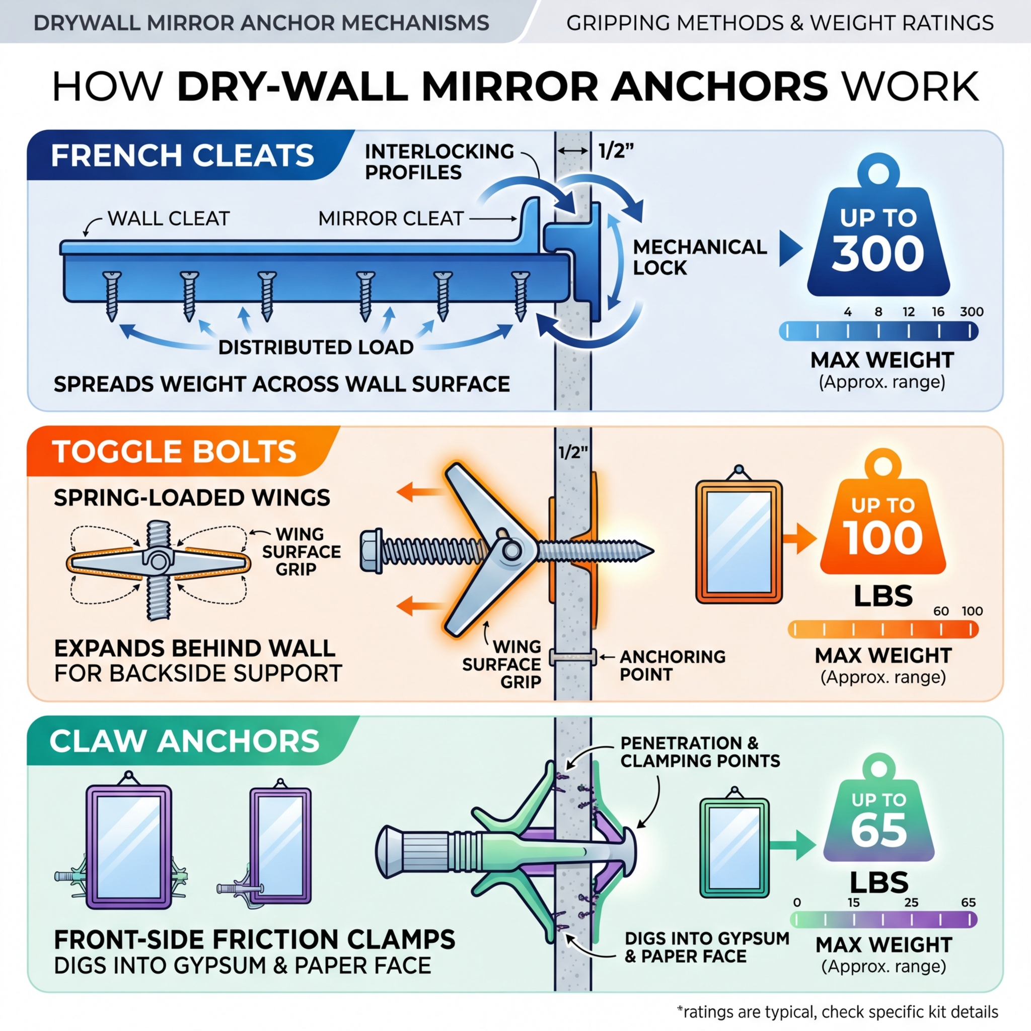 Infographic showing how French cleats, toggle bolts, and claw anchors grip drywall with weight ratings - drywall mirror