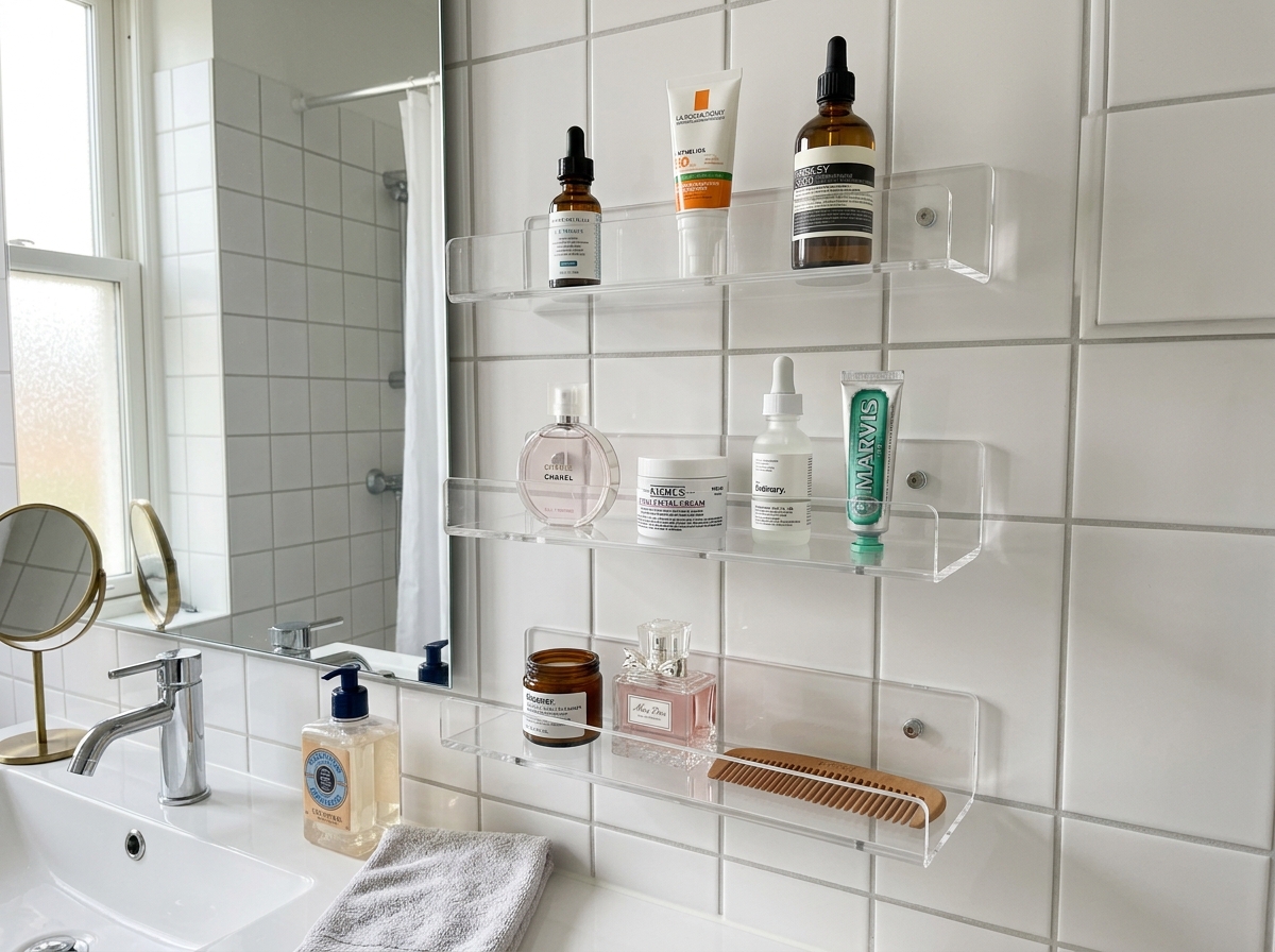 acrylic floating shelves in a bathroom organizing skincare and perfumes - wall mounted storage without drilling