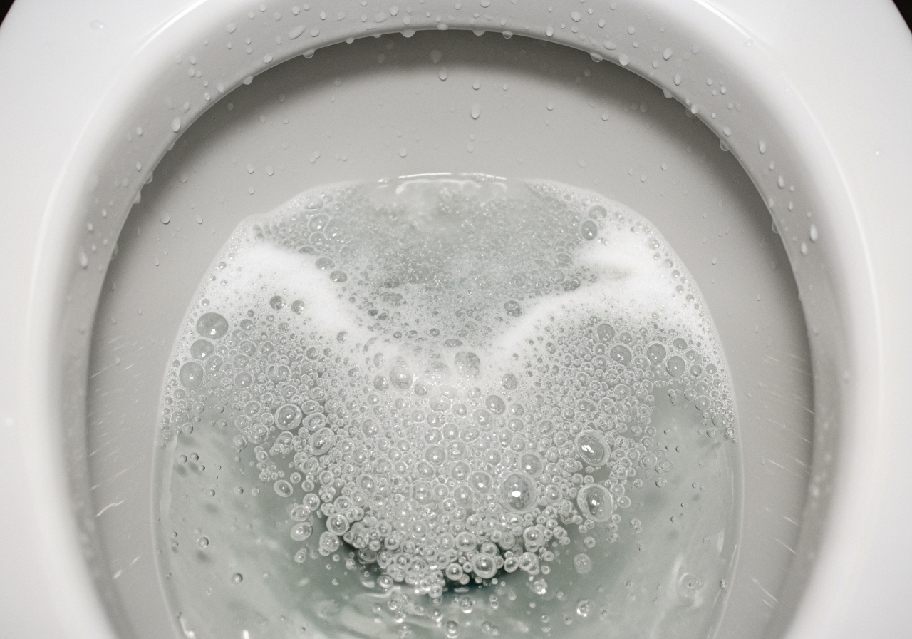 of a toilet bowl fizzing after adding vinegar and baking soda - Hard water stain removal of a toilet bowl fizzing after adding vinegar and baking soda - Hard water stain removal