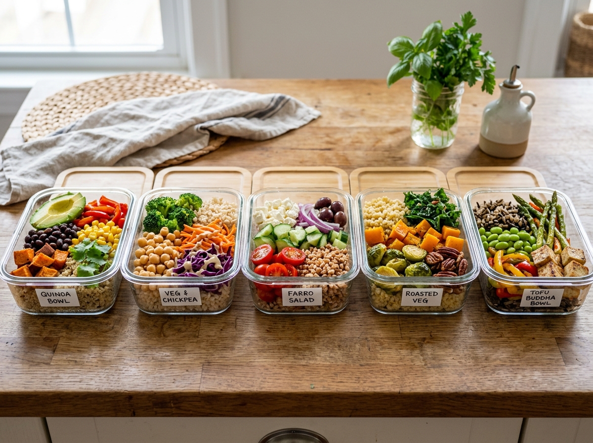 glass meal prep containers filled with colorful vegetables and grains - healthy meal ideas for lunch at work glass meal prep containers filled with colorful vegetables and grains - healthy meal ideas for lunch at work