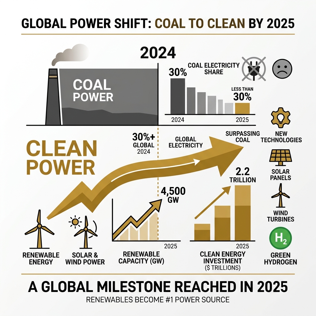 Infographic showing global shift from coal to clean power by 2025 with capacity and investment figures - latest green energy