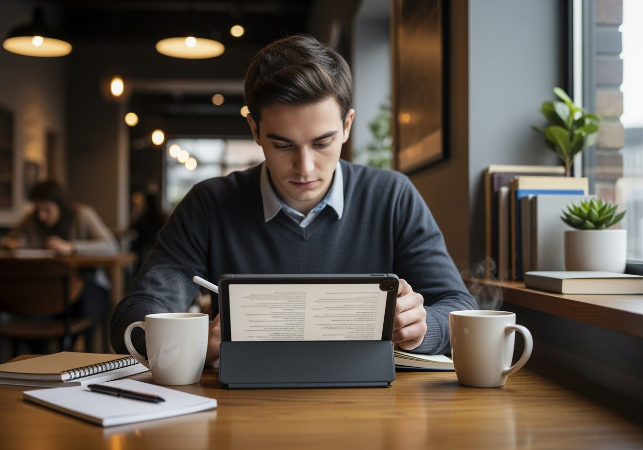 The Rise of Hybrid Learning in Graduate Healthcare Programs 3 a student studying on a tablet in a non-traditional setting like a coffee shop or home office - Hybrid Healthcare Education