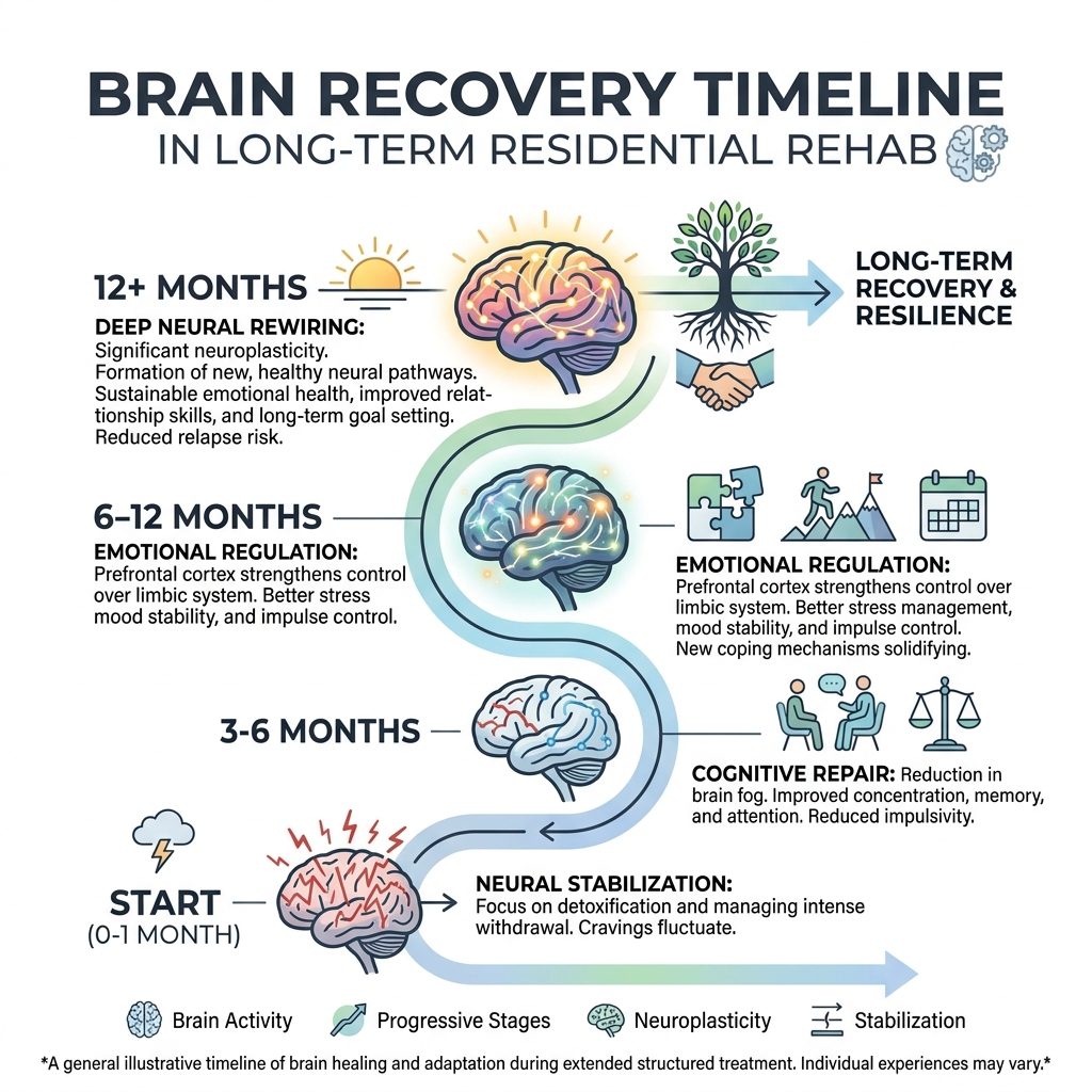 Timeline of brain recovery milestones during long term residential rehab program - Long Term Residential Rehab infographic Timeline of brain recovery milestones during long term residential rehab program - Long Term Residential Rehab infographic