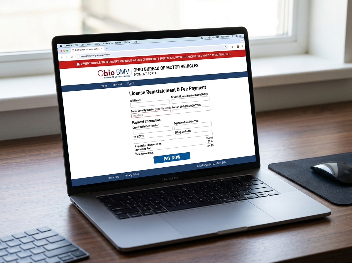 A fraudulent government website designed to steal personal information - ohio bmv scam A fraudulent government website designed to steal personal information - ohio bmv scam