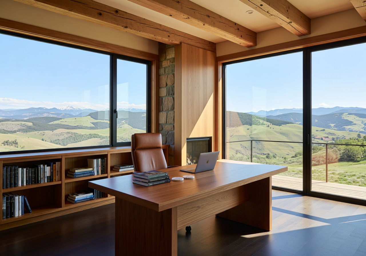 Executive desk with leather accents, marble coasters, and styled bookshelves - luxury office cabin interior design Executive desk with leather accents, marble coasters, and styled bookshelves - luxury office cabin interior design