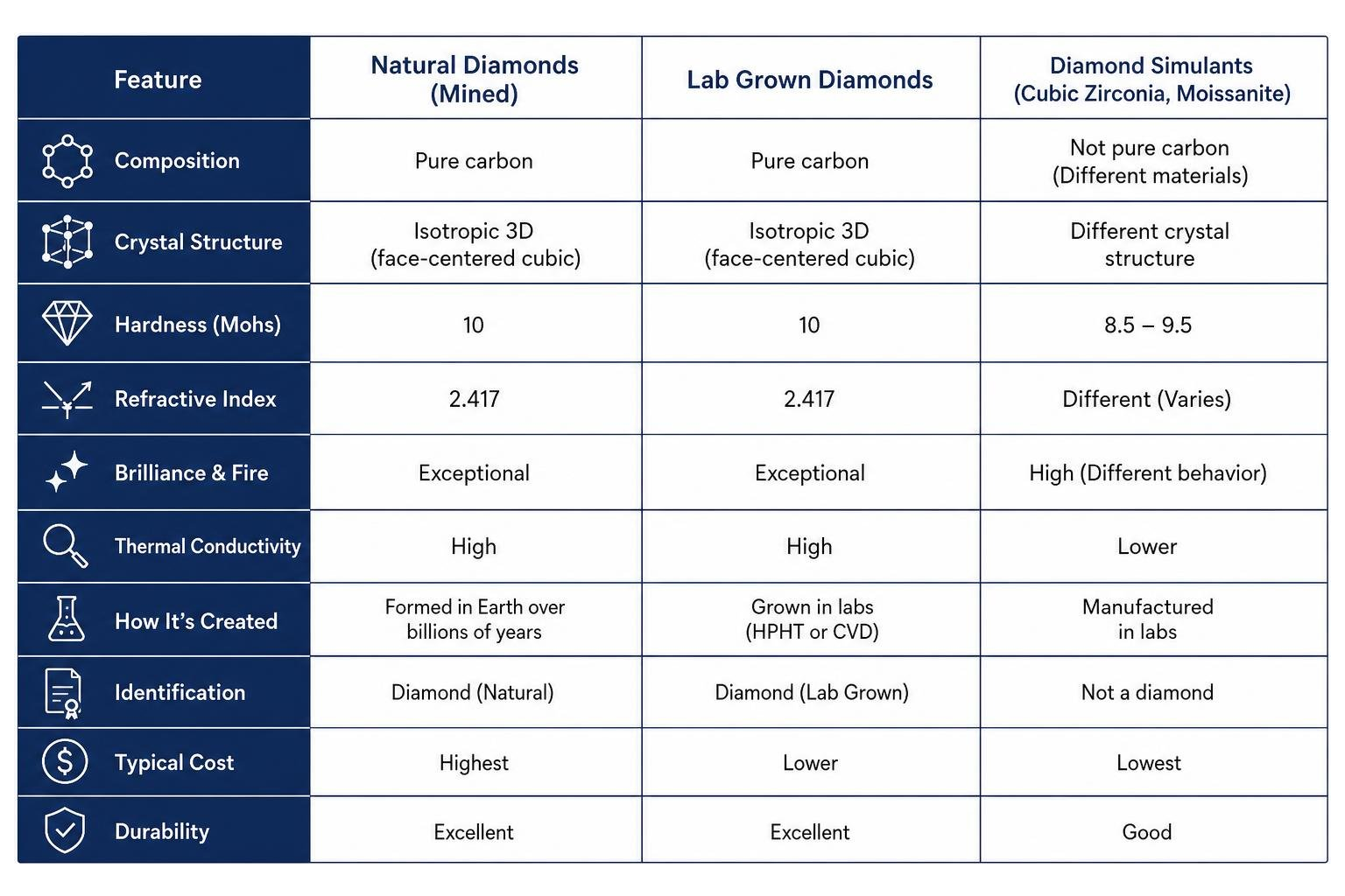 Comparison matrix of natural diamonds vs lab grown diamonds vs diamond simulants Comparison matrix of natural diamonds vs lab grown diamonds vs diamond simulants