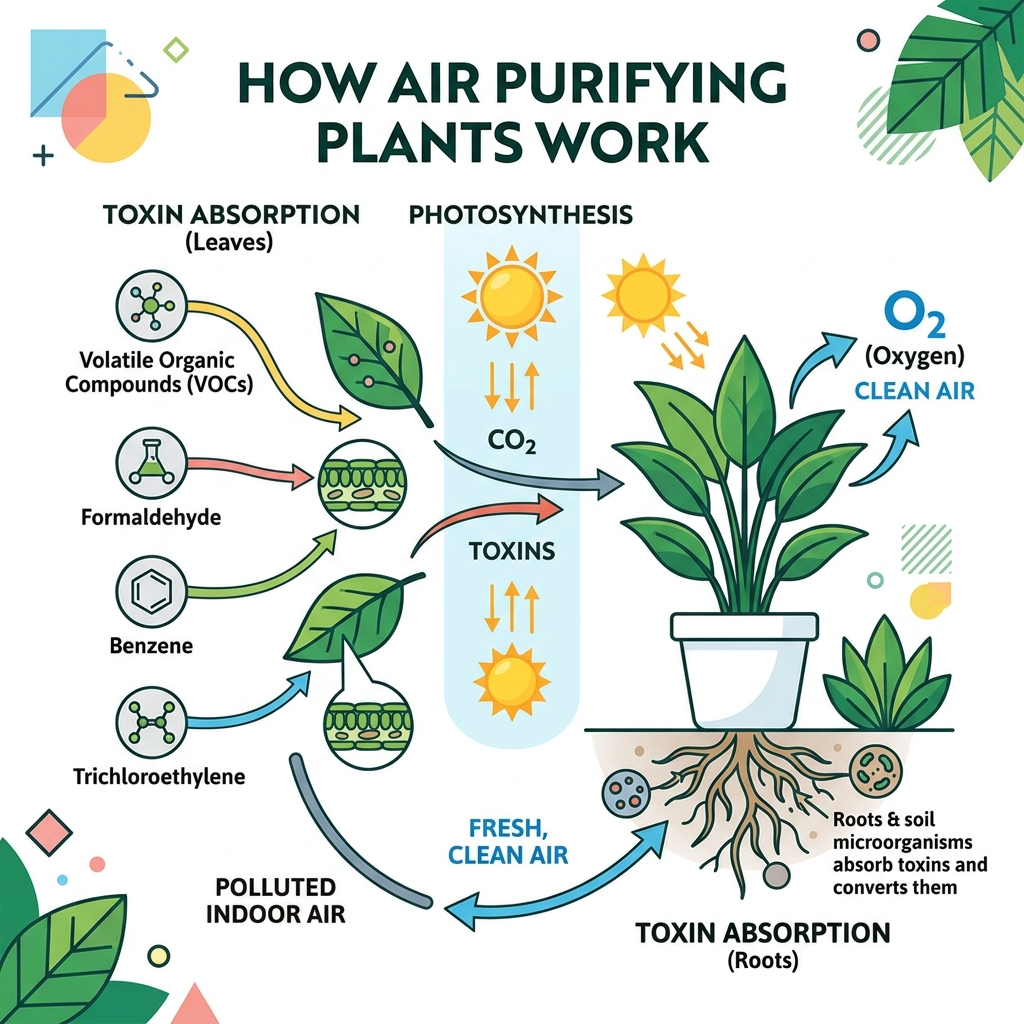 Infographic showing how air purifying plants absorb toxins through leaves and roots via photosynthesis - air purifying Infographic showing how air purifying plants absorb toxins through leaves and roots via photosynthesis - air purifying