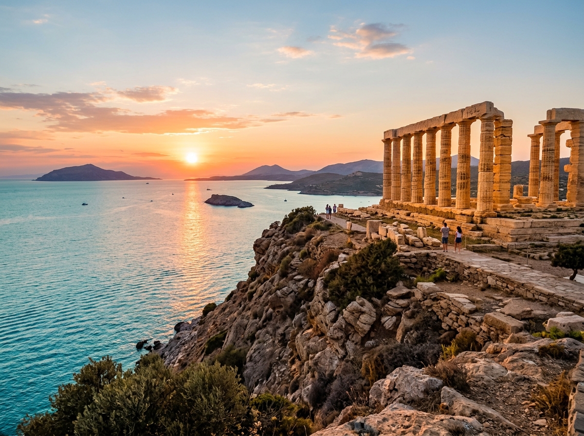 Ancient ruins of a Greek temple overlooking the turquoise Aegean Sea at sunset - hidden cultural beaches greece