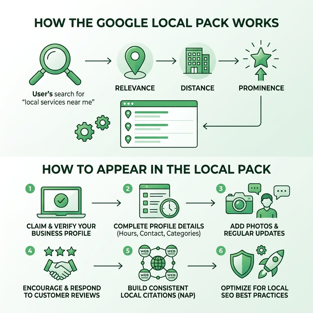 Step-by-step overview of how the Google Local Pack works and how to appear in it - Google My Business infographic 