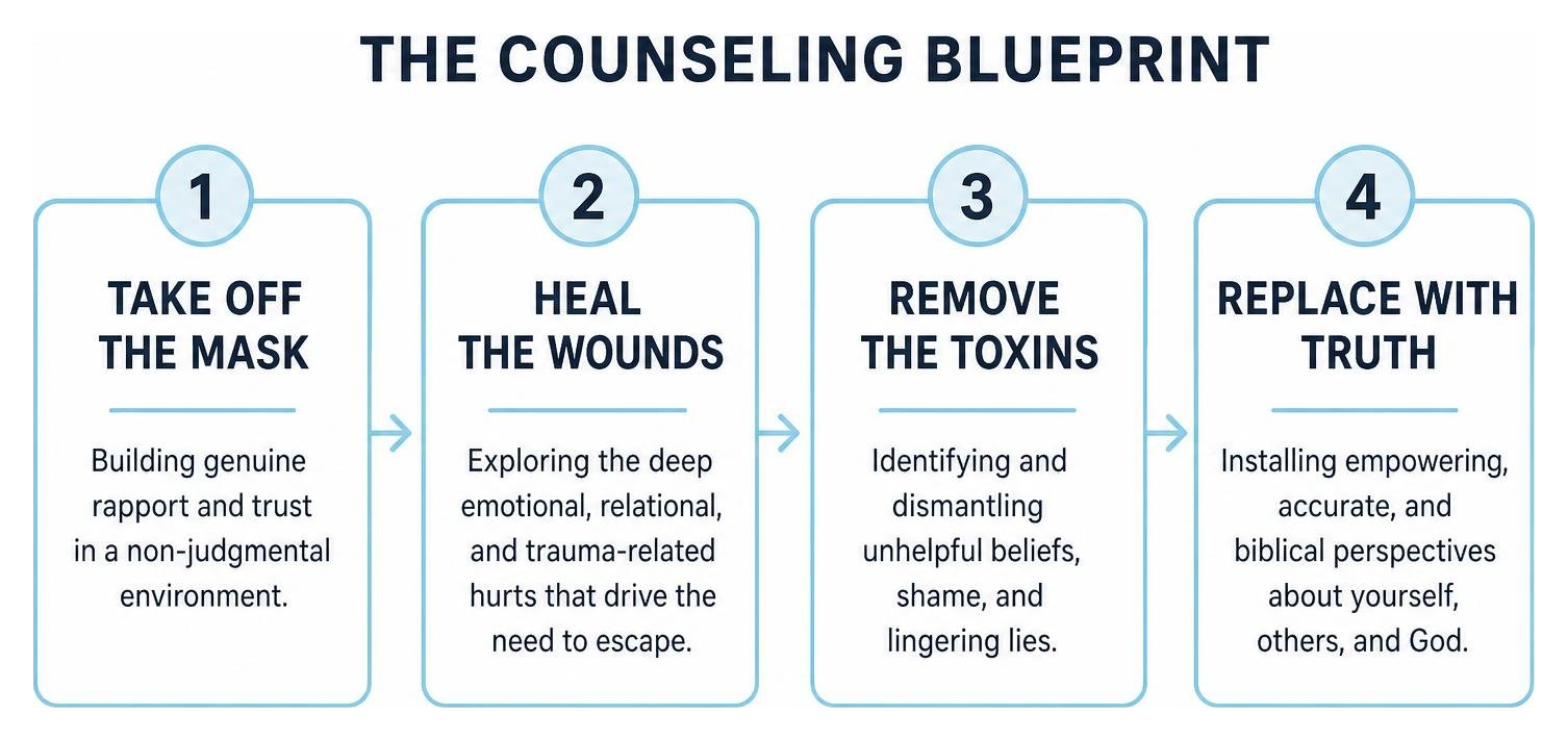 Diagram of the Counseling Blueprint: Take Off the Mask, Heal the Wounds, Remove the Toxins, Replace with Truth Diagram of the Counseling Blueprint: Take Off the Mask, Heal the Wounds, Remove the Toxins, Replace with Truth