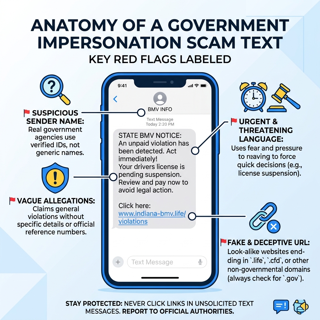 Anatomy of a government impersonation scam text with key red flags labeled - bmv scam texts infographic Anatomy of a government impersonation scam text with key red flags labeled - bmv scam texts infographic