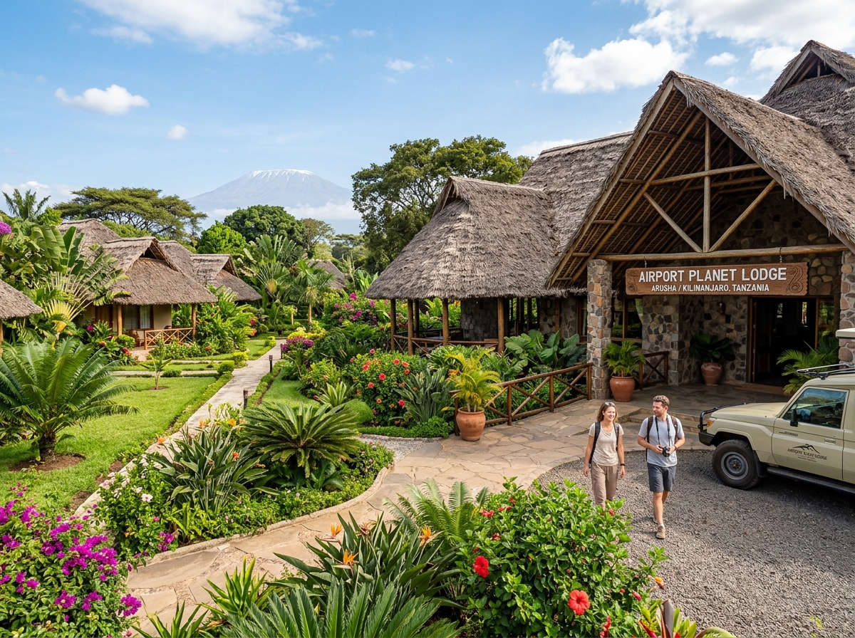 Airport Planet Lodge exterior tropical gardens African architecture Northern Tanzania - airport planet lodge