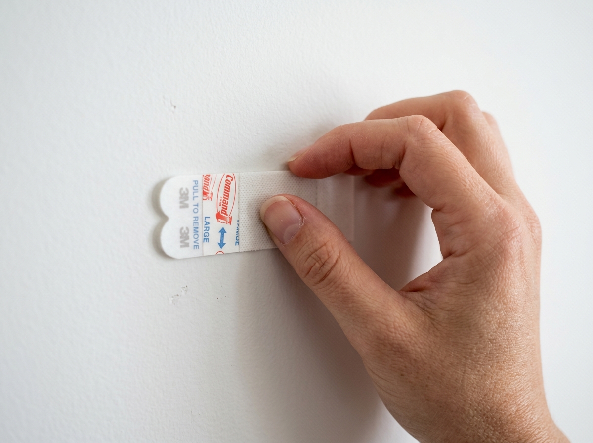 Applying an adhesive strip to a clean wall surface - adhesive temporary wall hooks