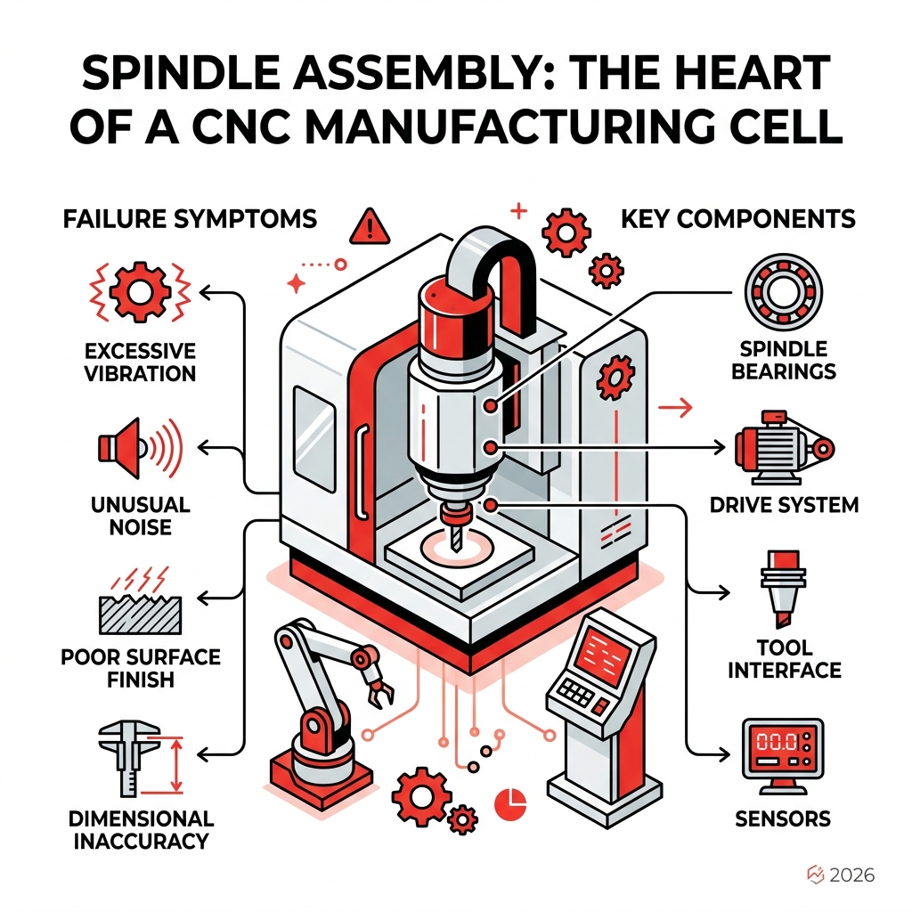 INFOGRAPHIC SHOWING SPINDLE ASSEMBLY ROLE IN A CNC MANUFACTURING CELL WITH KEY COMPONENTS AND FAILURE SYMPTOMS - SPINDLE ASM