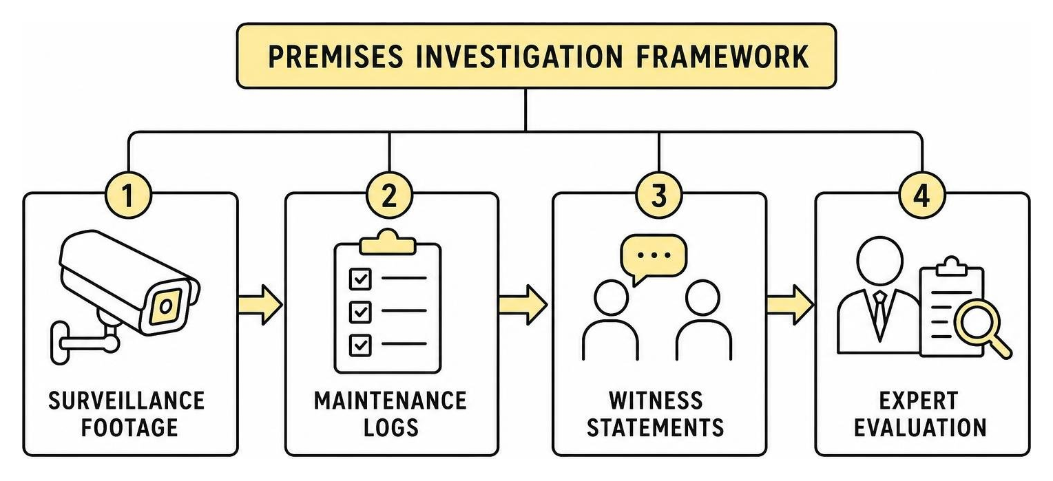 Premises investigation framework: surveillance footage, maintenance logs, witness statements, expert evaluation