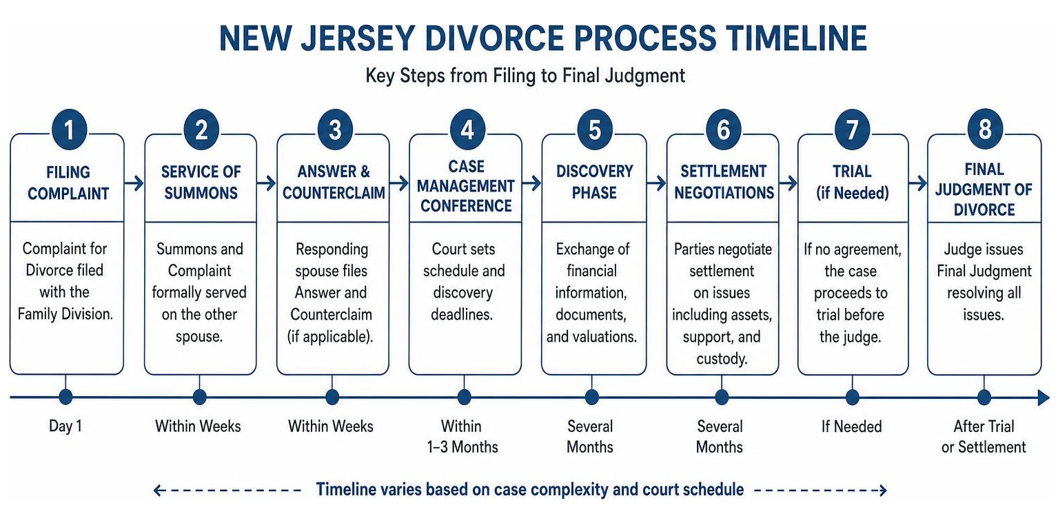 Diagram showing steps in New Jersey divorce process timeline