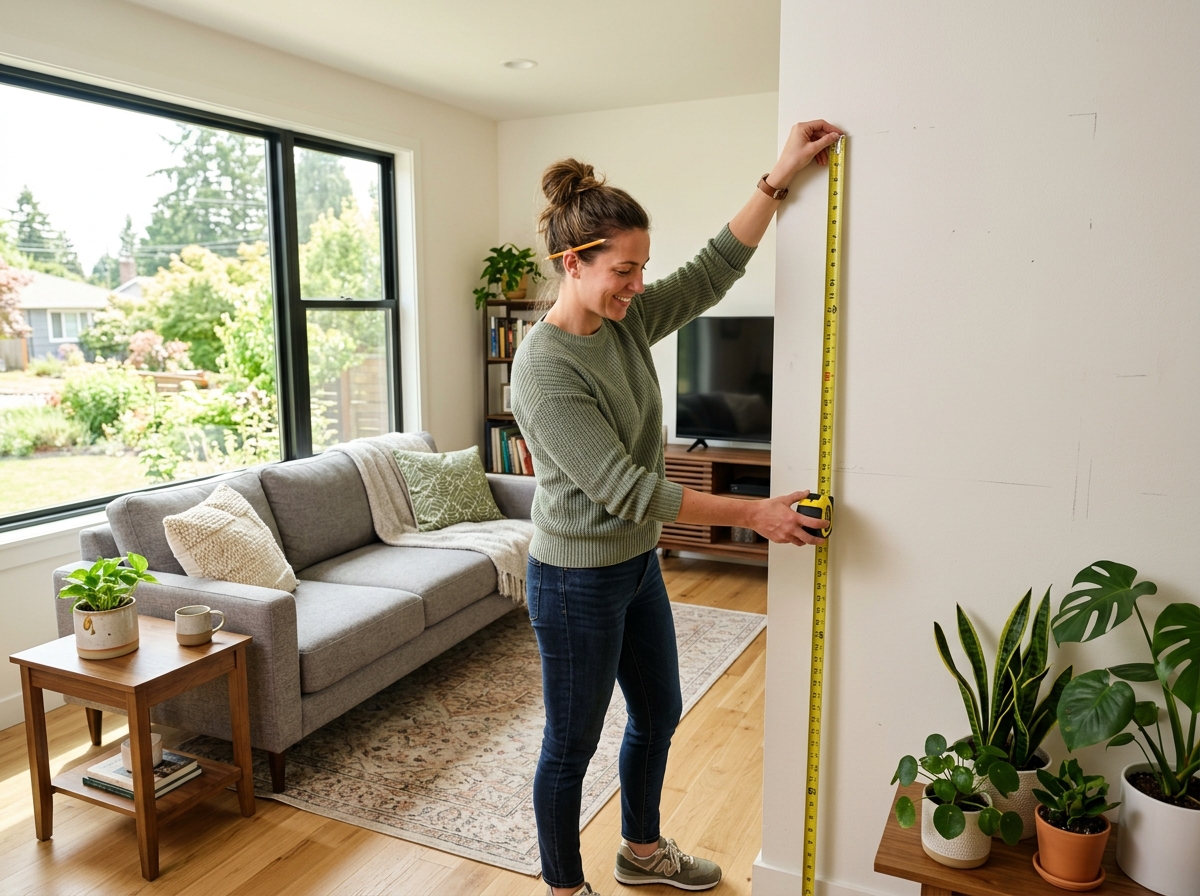 homeowner measuring a living room wall for a plant installation - diy living wall indoor