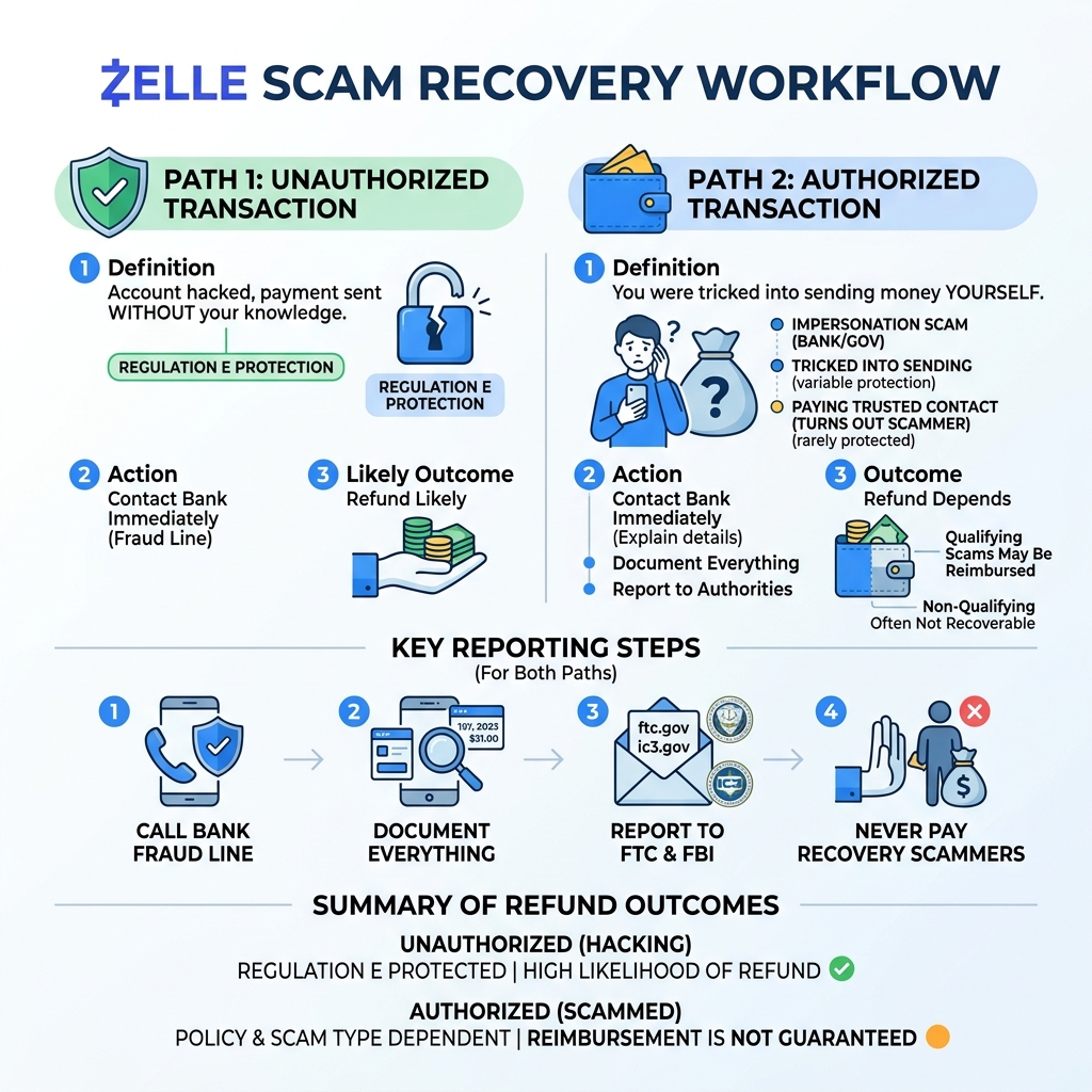 Zelle scam recovery workflow: authorized vs unauthorized, reporting steps, refund outcomes - zelle scam refund infographic Zelle scam recovery workflow: authorized vs unauthorized, reporting steps, refund outcomes - zelle scam refund infographic