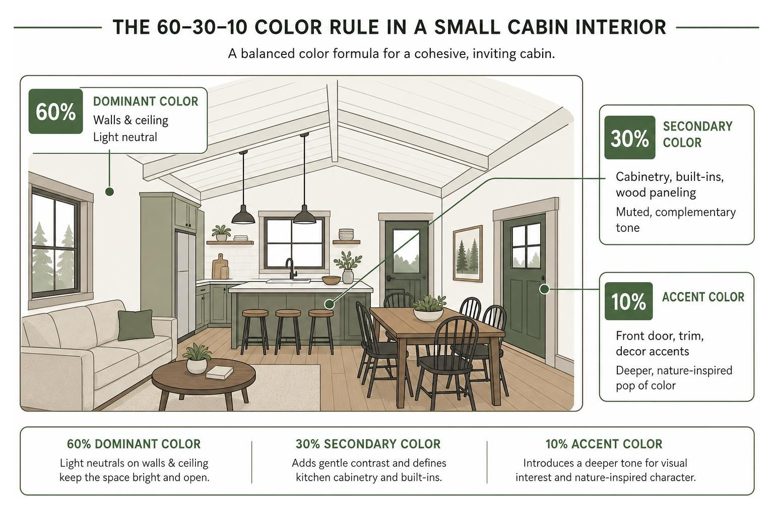 diagram illustrating the 60-30-10 color rule in a small cabin interior diagram illustrating the 60-30-10 color rule in a small cabin interior