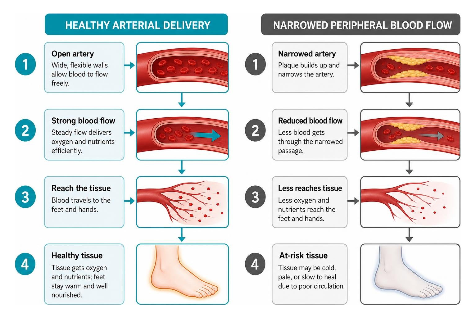 Process of healthy arterial delivery versus narrowed peripheral blood flow