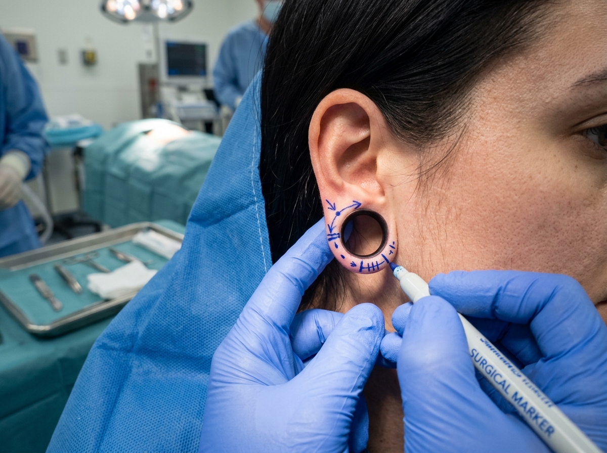 Surgical marking on a stretched earlobe to plan the reconstruction - ear gauge repair