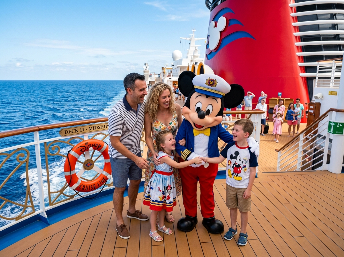 Family meeting Mickey Mouse on deck of a Disney cruise ship - disney cruise line booking