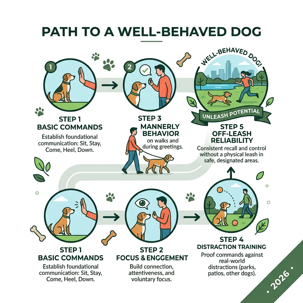 Path to a well-behaved dog infographic showing steps from basic commands to off-leash reliability - Obedience training Path to a well-behaved dog infographic showing steps from basic commands to off-leash reliability - Obedience training