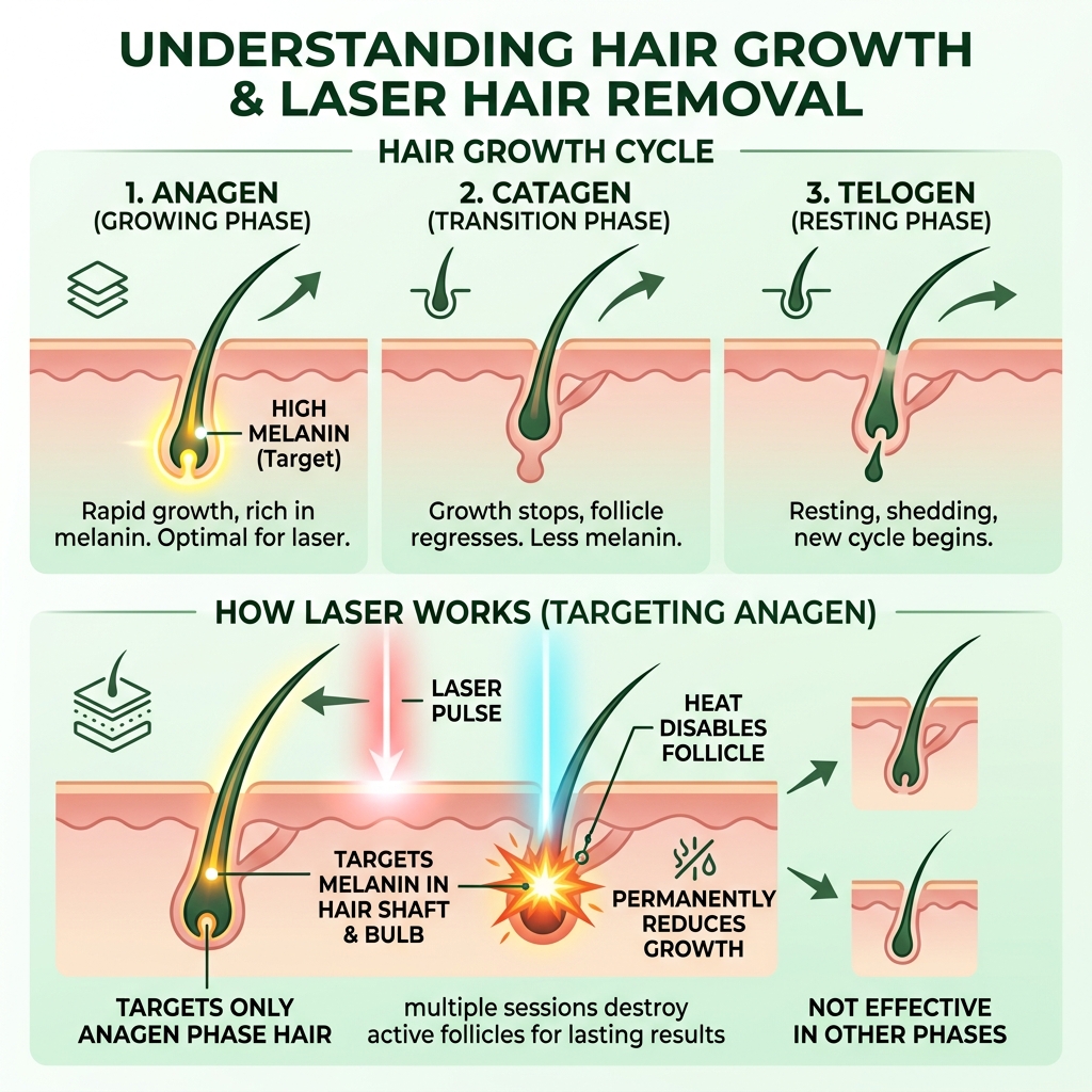 Infographic showing hair growth cycle anagen catagen telogen phases and how laser targets anagen phase - laser hair removal Infographic showing hair growth cycle anagen catagen telogen phases and how laser targets anagen phase - laser hair removal