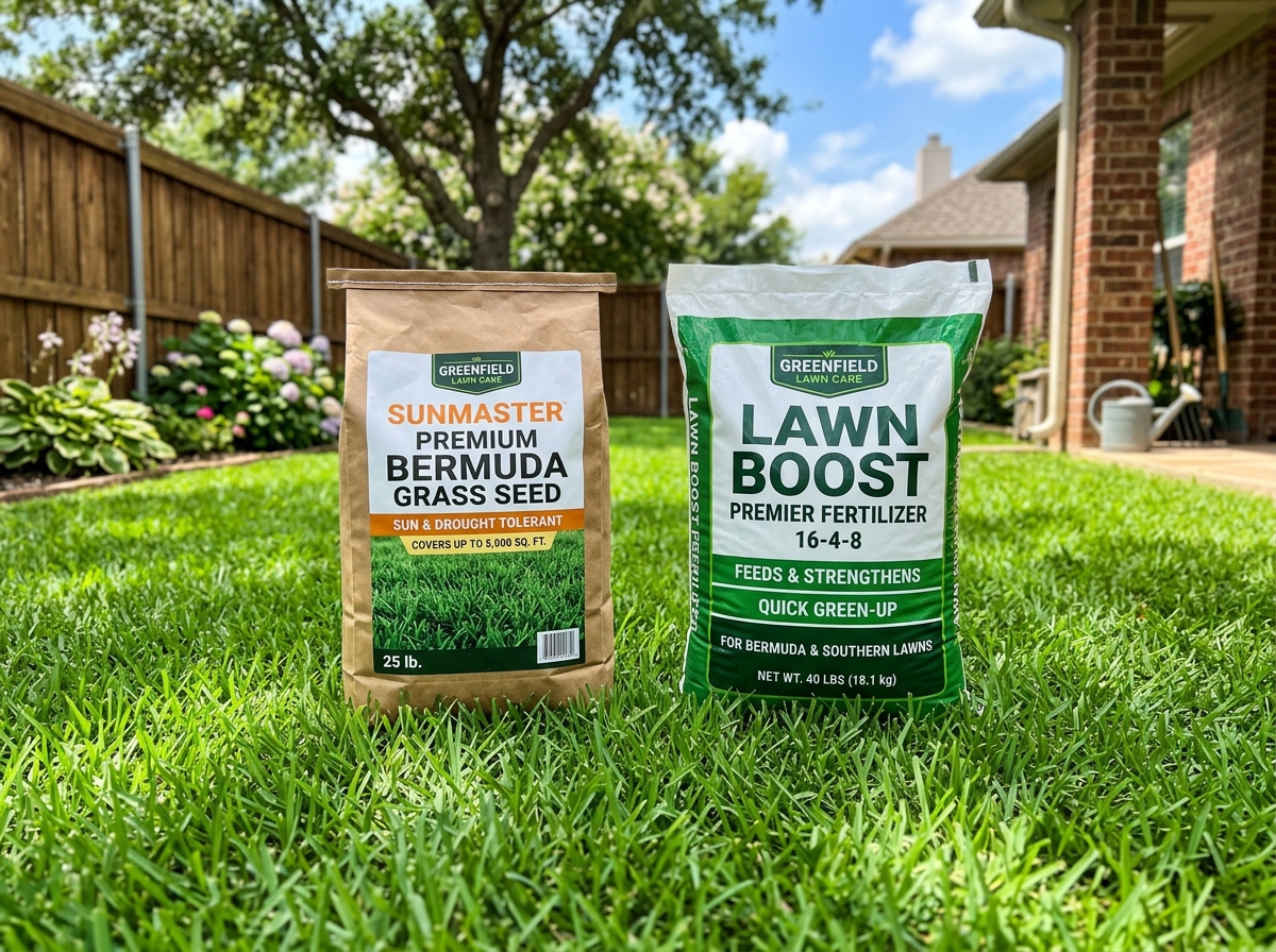 High-quality bermuda grass seed and fertilizer bags on a lawn and bermuda grass seed and fertilizer