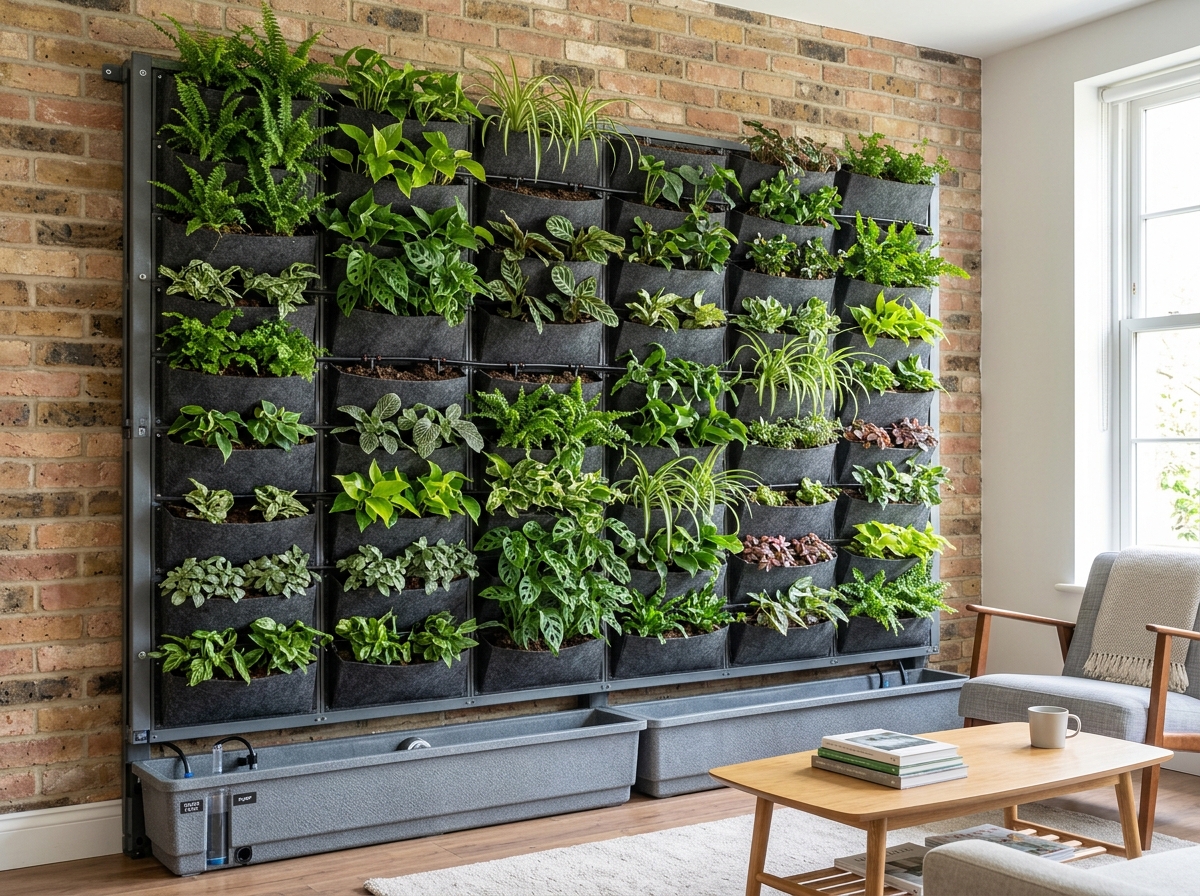 A modular living wall system showing plant capacity and structure - indoor living wall kits