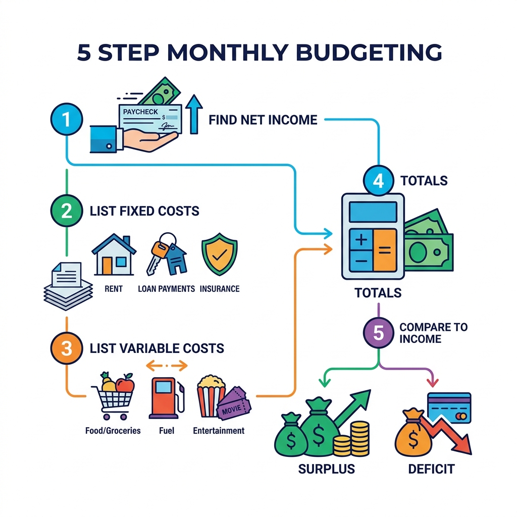 5-step monthly budgeting process showing income, fixed costs, variable costs, totals, and surplus or deficit - monthly 5-step monthly budgeting process showing income, fixed costs, variable costs, totals, and surplus or deficit - monthly