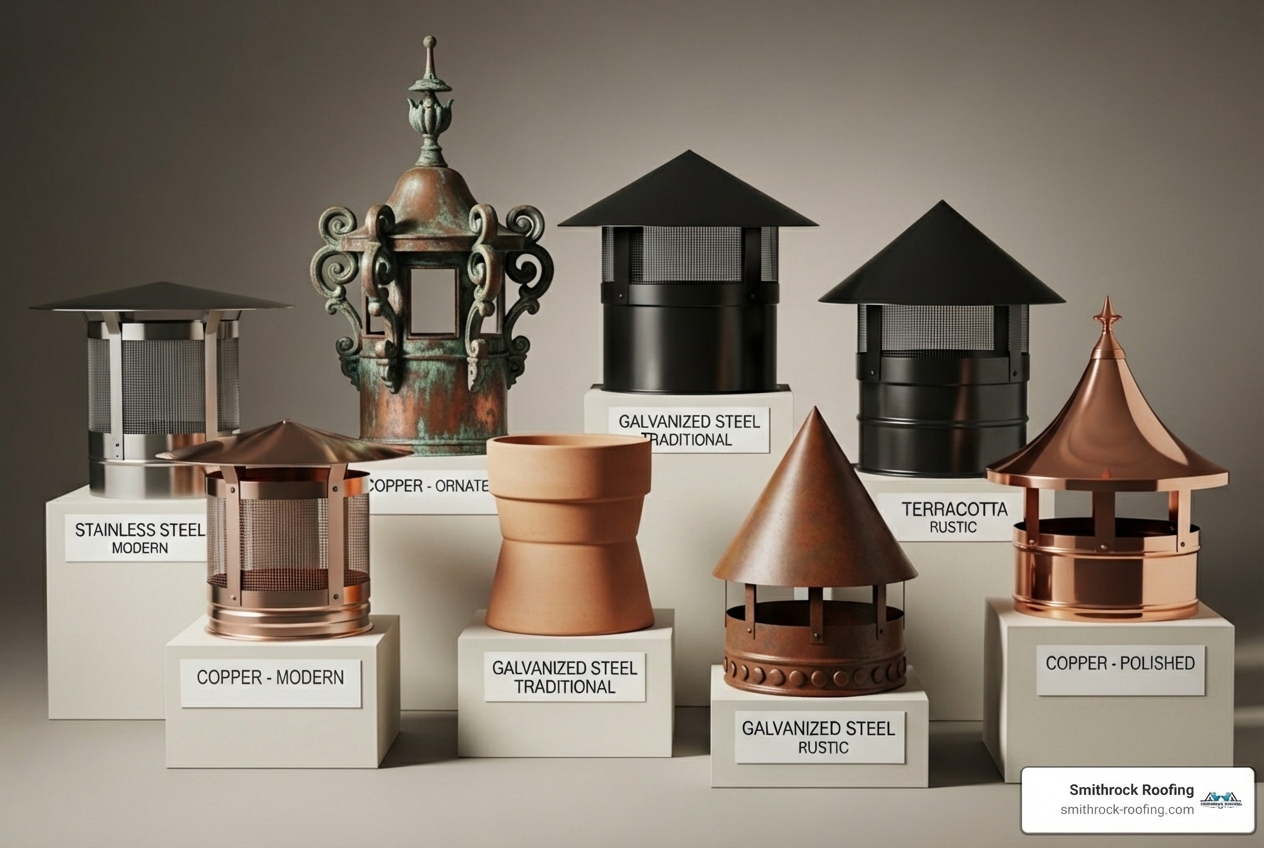 A display showcasing a variety of chimney cap styles, from a simple stainless steel cap to an ornate copper one, highlighting different designs and materials - Chimney cap services