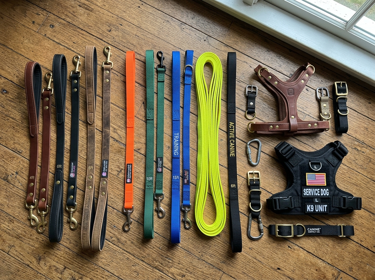 High-quality leather and nylon training leashes laid out on a wooden floor - best leash for puppy training