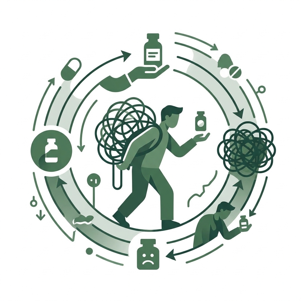 Cycle of self-medication and symptom worsening in dual diagnosis - dual diagnosis symptoms infographic 
