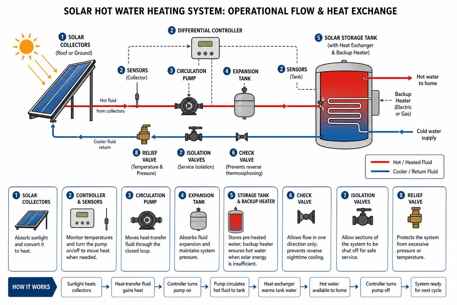 Solar hot water heating system operational flow and heat exchange Solar hot water heating system operational flow and heat exchange