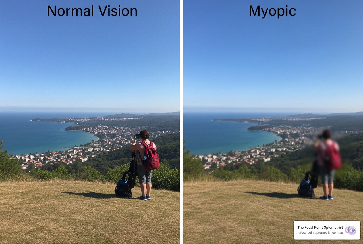A comparison showing normal vision versus the blurred distant view of someone with myopia - what causes myopia
