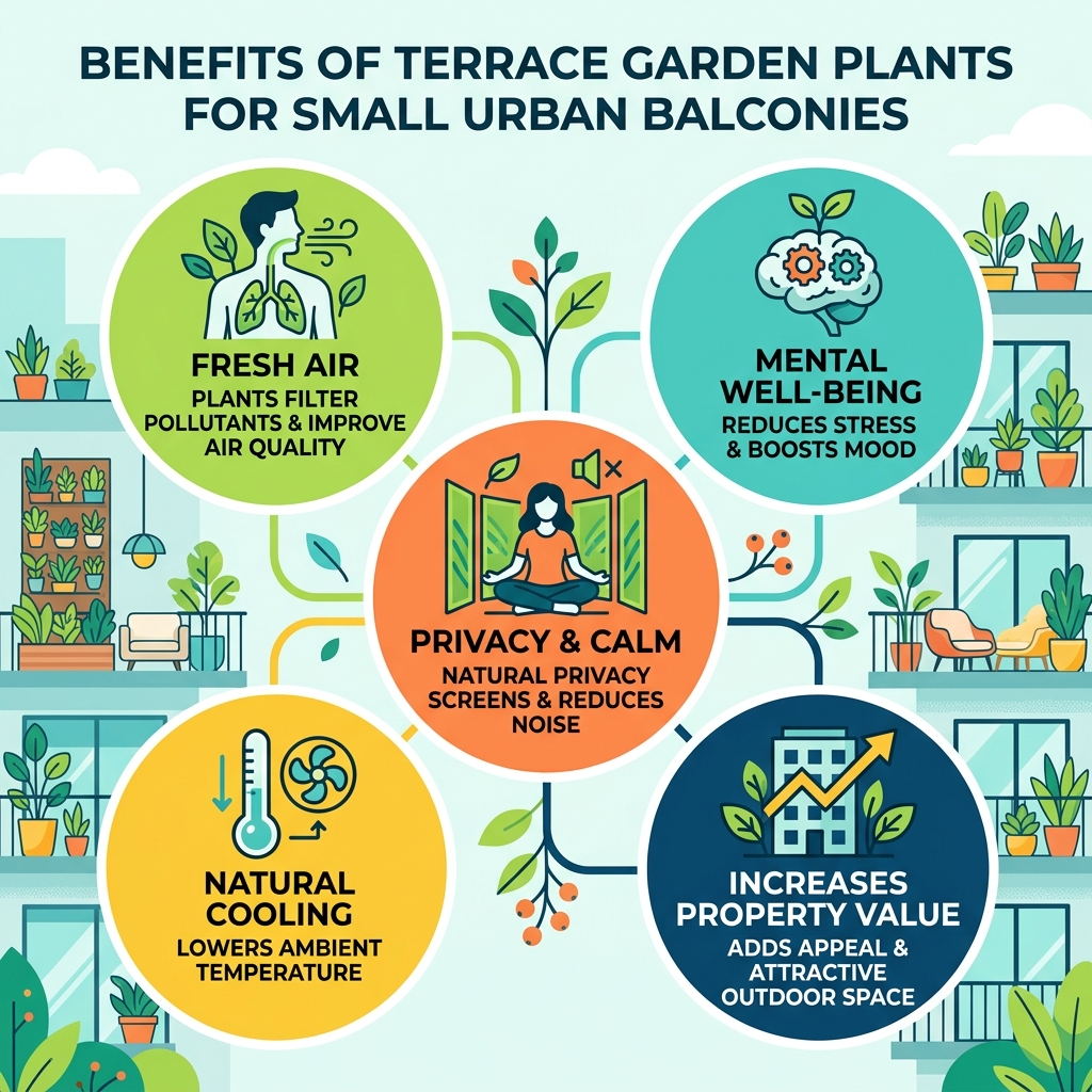 Benefits of terrace garden plants for small urban balconies infographic - terrace plants ideas infographic 