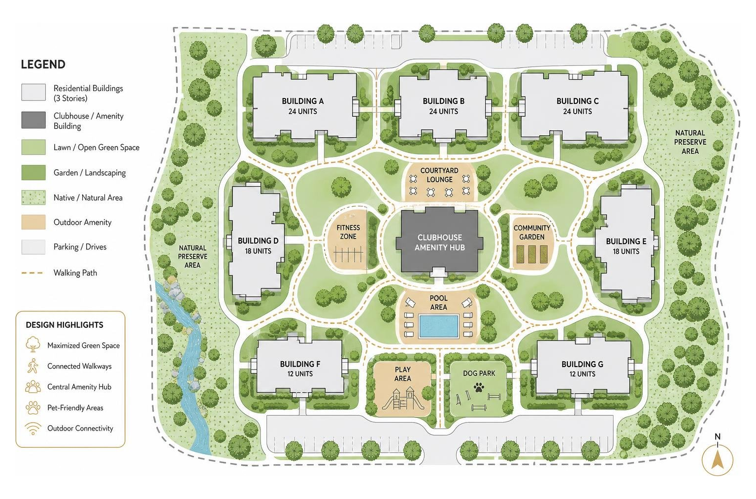 Site plan showing multi-building garden apartment layout and green space distribution Site plan showing multi-building garden apartment layout and green space distribution