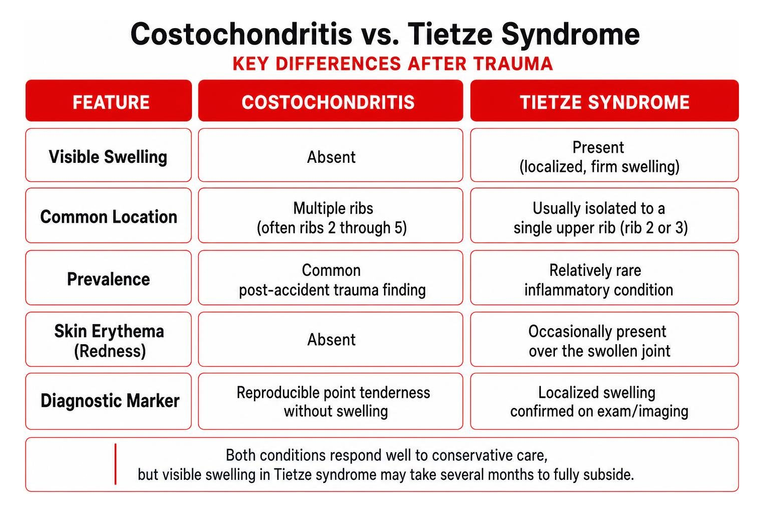 Differences between costochondritis and Tietze syndrome after trauma Differences between costochondritis and Tietze syndrome after trauma