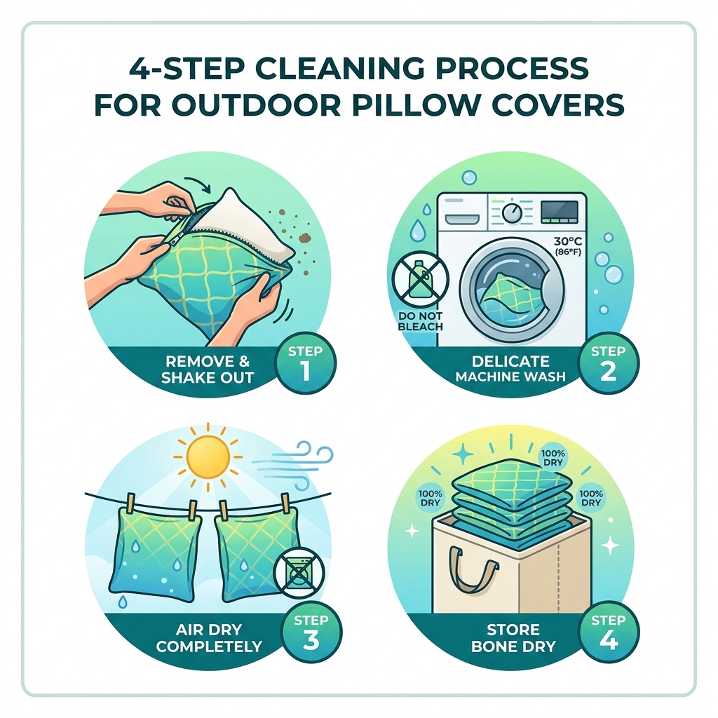 infographic showing the 4-step cleaning process for outdoor pillow covers - balcony outdoor pillow covers infographic 