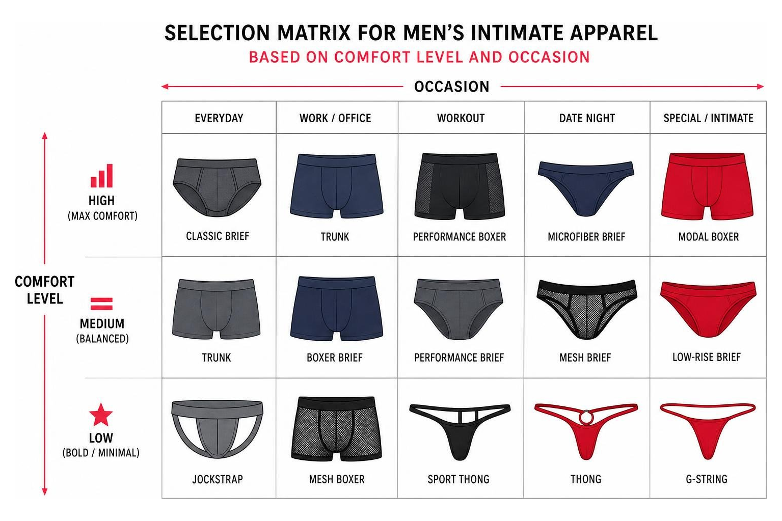Selection matrix for men's intimate apparel based on comfort level and occasion diagram Selection matrix for men's intimate apparel based on comfort level and occasion diagram