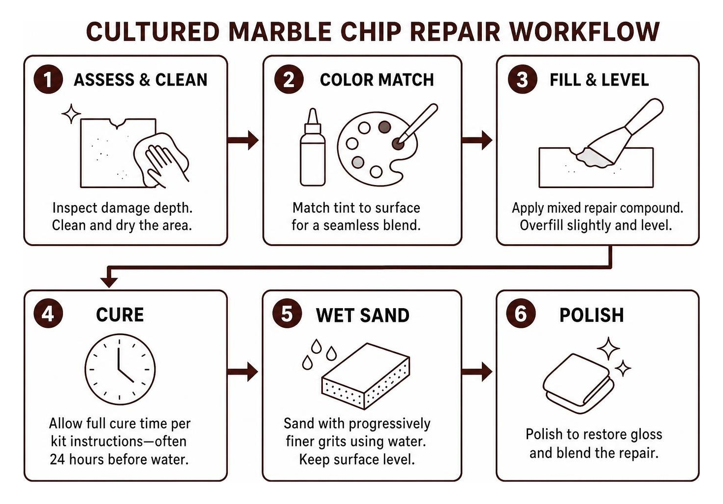Cultured marble repair workflow from damage assessment to final polishing