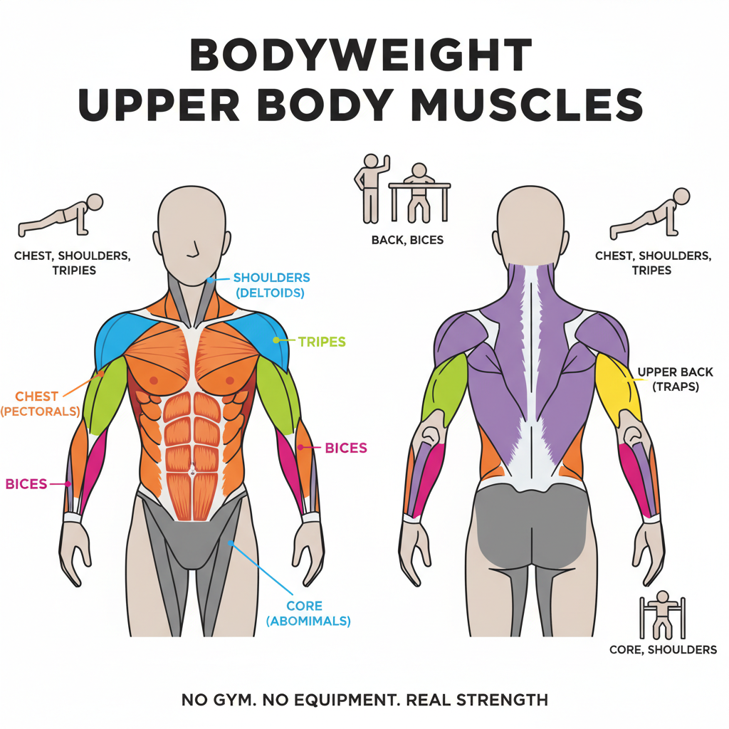 primary upper body muscle groups targeted in bodyweight training infographic - bodyweight upper body strength training